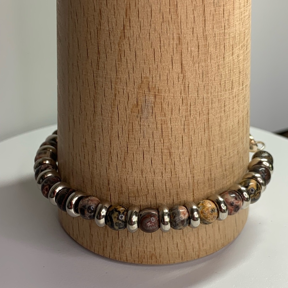Vintage Sterling Silver & Leopard Jasper 6MM Beaded Bracelet 7-1/2” Long